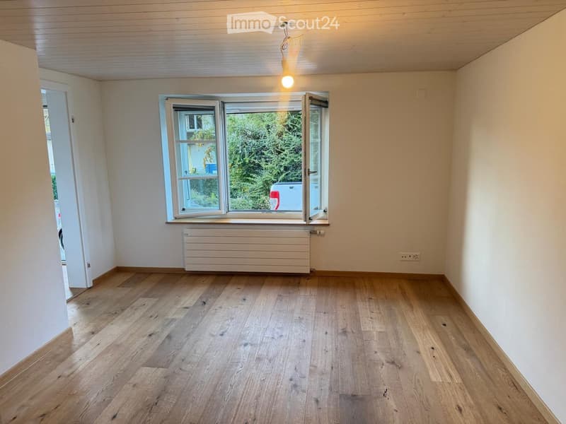 Empty room with light wooden flooring, white walls, and a large window with a view of greenery outside. A radiator is visible below the window.