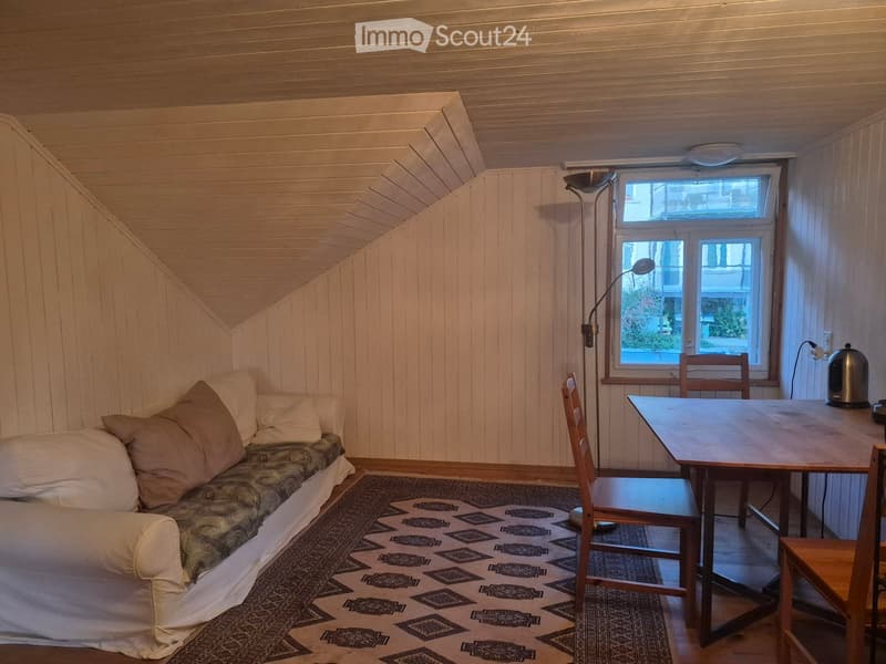 Cozy attic room with wooden walls and ceiling, featuring a sofa, small table, chairs, and a floor lamp near the window.