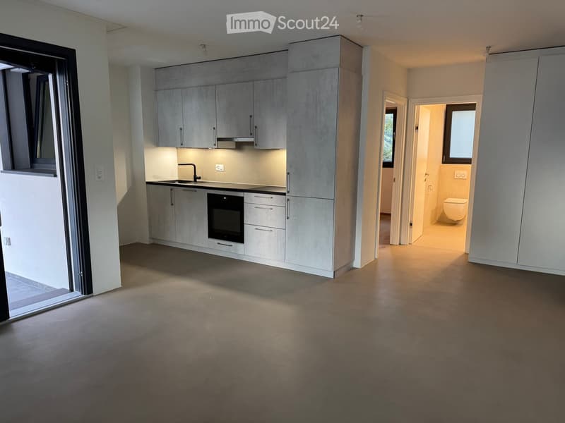 Empty living space with a modern kitchen and bathroom visible in the background. The kitchen features grey cabinets, a sink, and an oven, while the bathroom includes a toilet. The room has large windows and a polished concrete floor.