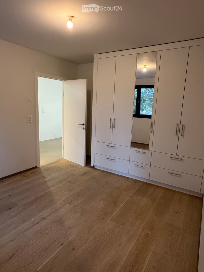 Empty room with light wooden flooring, white built-in wardrobe with mirrored doors, and a partially open door leading to another space.
