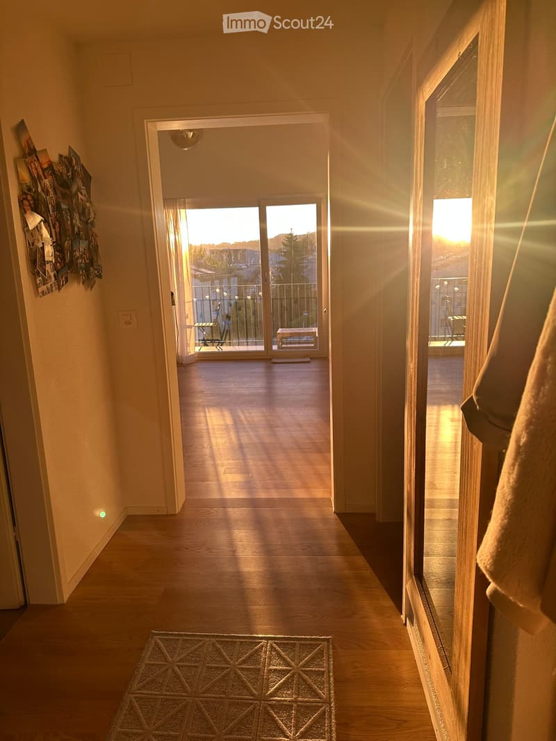 Bright hallway with wooden flooring, leading to a balcony area with outdoor furniture visible through large glass doors.