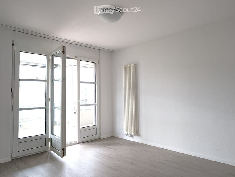 Empty room with light wooden flooring, white walls, a radiator, and a large open door leading to a balcony or outdoor area.