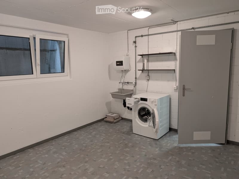 Bathroom with a washing machine, sink, shelves, and a door. Exposed brick walls and tiled floor.