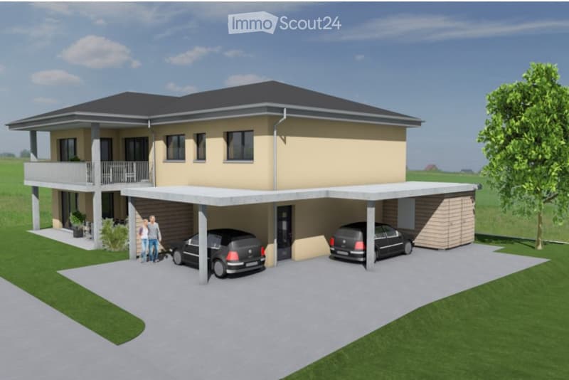 Two-story house with a modern design, featuring a garage, balcony, and parking area for two cars.