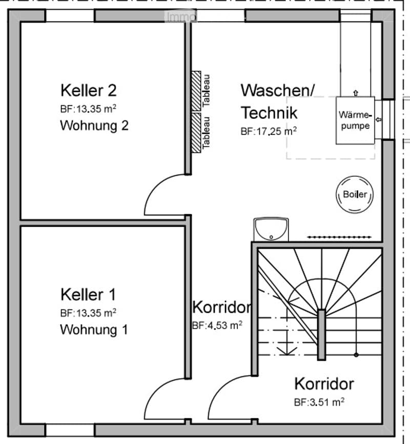 Floor plan of a basement level showing two apartments, a corridor, and a utility area with a boiler and heat pump.