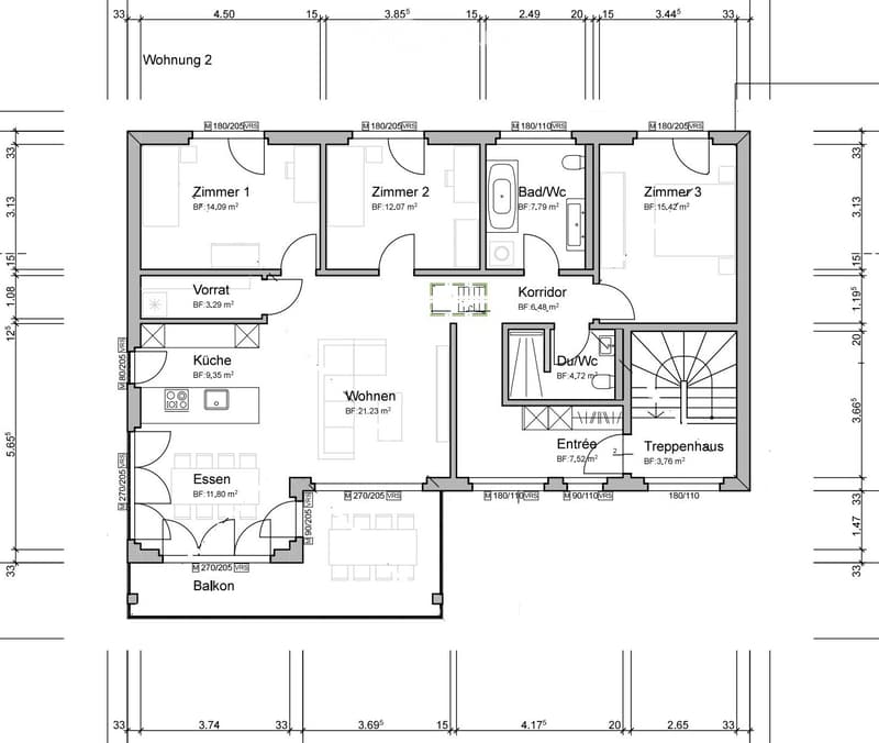 Floor plan of a residential unit with multiple rooms including living area, kitchen, bedrooms, bathrooms, hallway, entrance, staircase, and balcony.