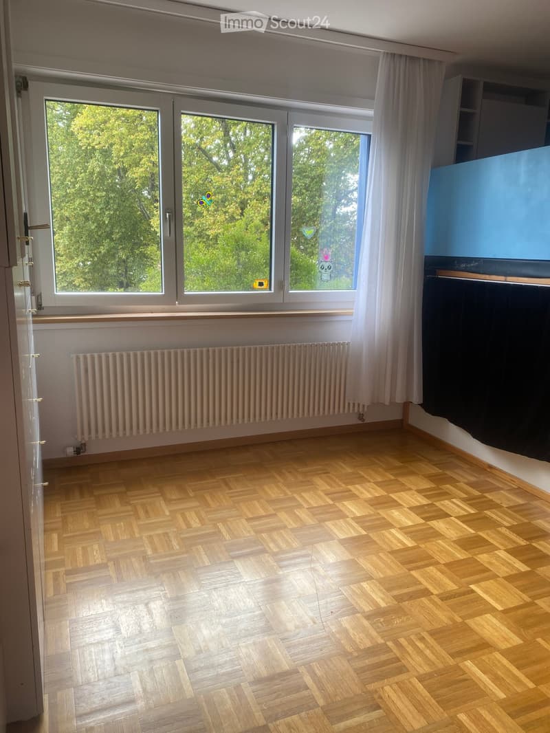 Empty room with wooden herringbone flooring, large windows with white curtains, radiator, and a partially visible TV stand in the corner.