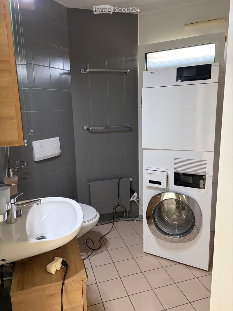 Modern bathroom with a white sink, chrome faucet, toilet, and a stacked washer/dryer unit. Dark grey tiled walls, a wooden shelf, and a radiator are visible.