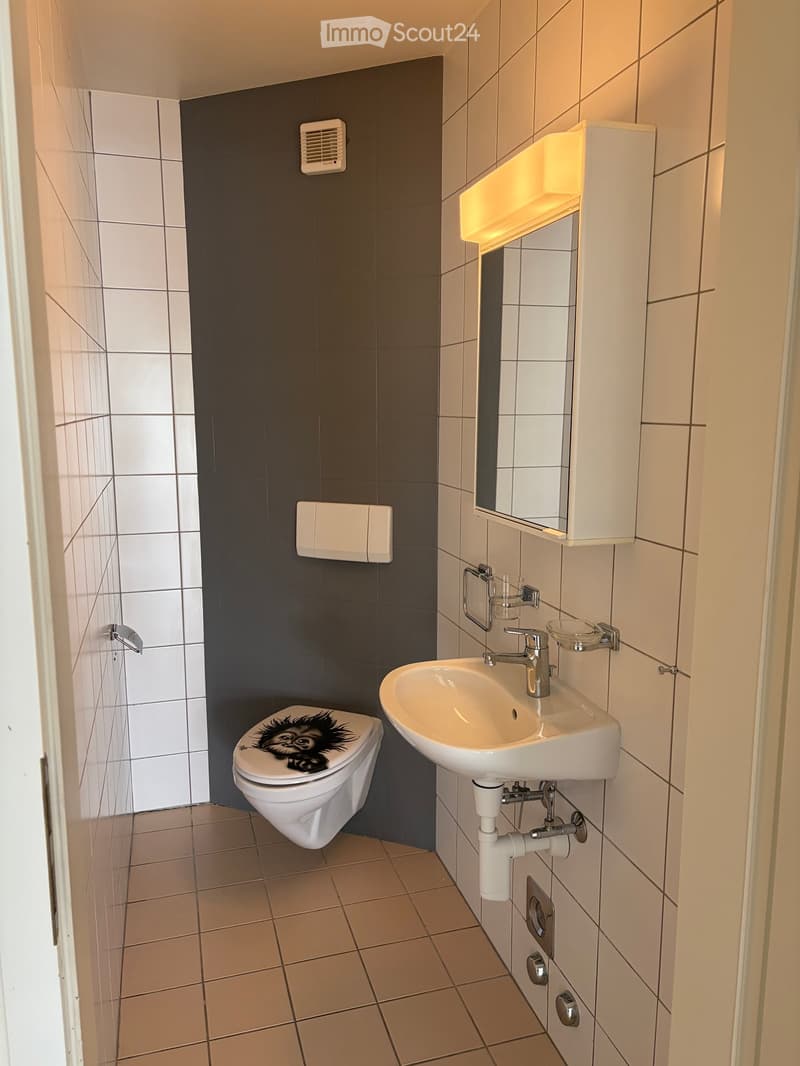 Modern bathroom with white tiles, dark accent wall, toilet, sink, mirror, and a cup on the sink.