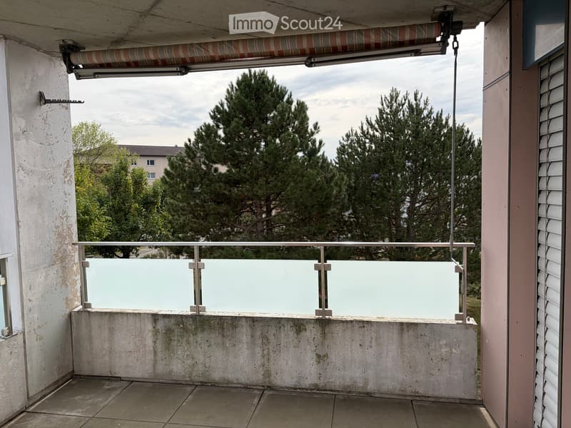 Balcony with tiled floor, metal railing, and a retractable awning, overlooking a green area with trees.