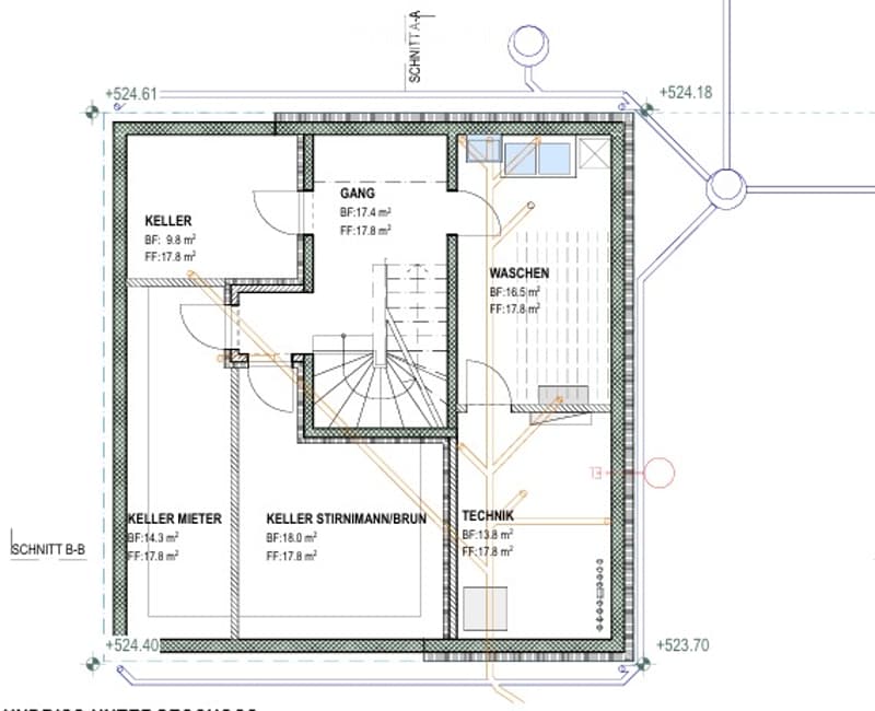 Floor plan of a basement level showing a cellar, hallway, washroom, technical room, and cellar meter/stirman/brun area.