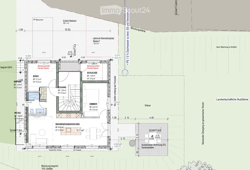Floor plan showing a residential layout with rooms labeled: entrance, office, living room, bedroom, kitchen, and outdoor area.