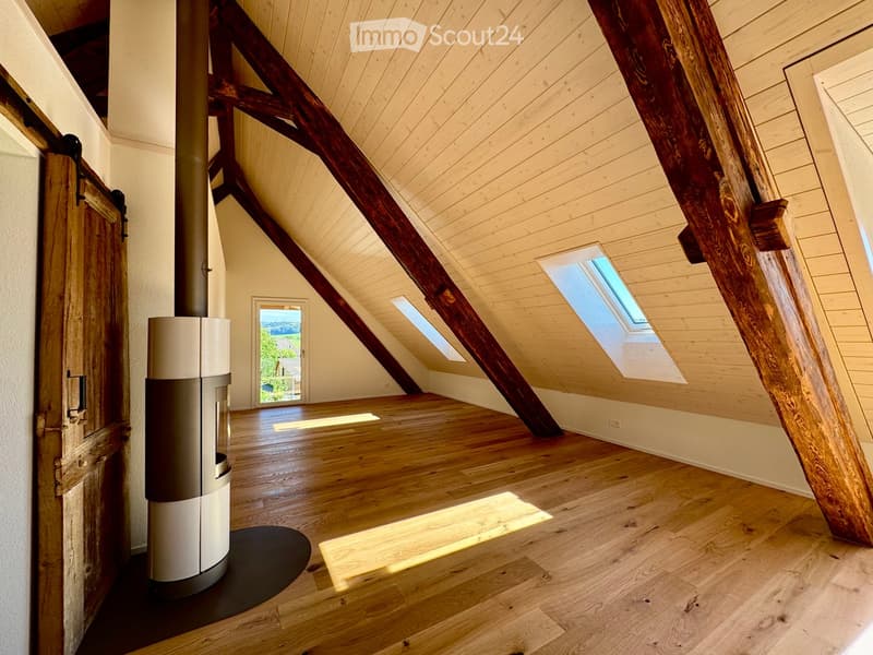 Open attic space with wooden beams, skylights, and a modern wood-burning stove. The room features exposed wooden beams, wooden flooring, and large windows letting in natural light.