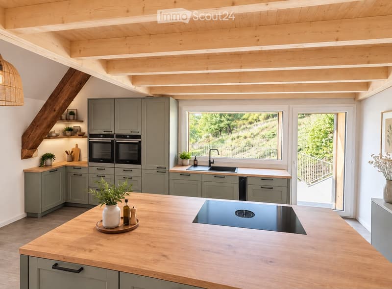 Modern kitchen with grey cabinets, wooden island, induction cooktop, double oven, and large windows overlooking a garden.