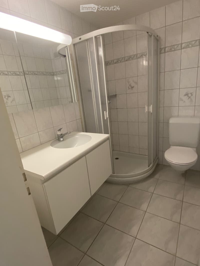 Modern bathroom with a white sink, faucet, toilet, and a glass-enclosed shower. The walls and floor are tiled in neutral tones.
