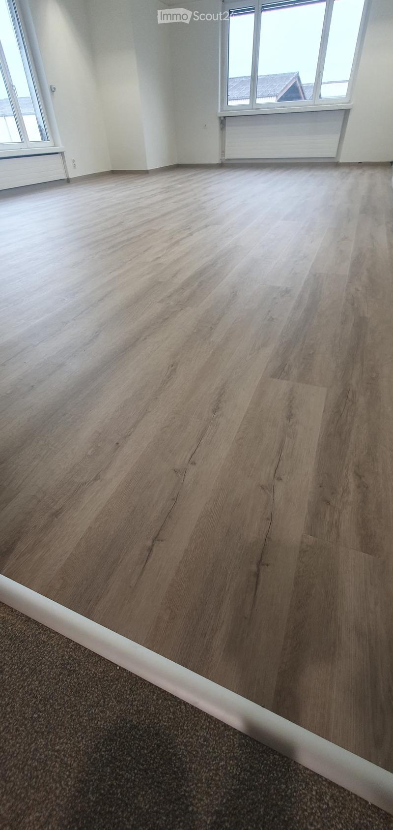Empty room with light wooden flooring and large windows, showing a transition to carpeted area at the edge.