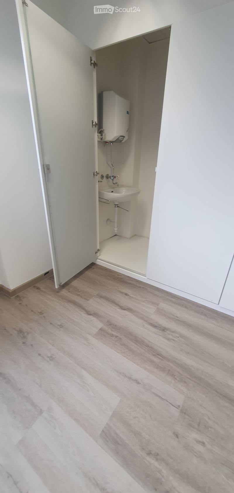 Empty room with light wooden flooring and white walls, featuring an open doorway leading to a small utility area with a water heater and sink.