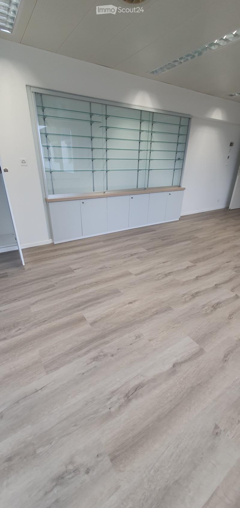 Empty room with light wooden flooring, white walls, and a built-in glass display cabinet with shelves and cabinets below.