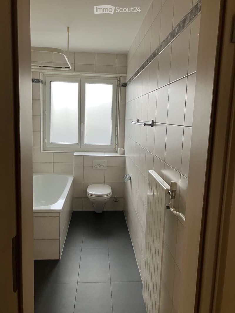 Modern bathroom with a bathtub, toilet, radiator, and a window with frosted glass panes.