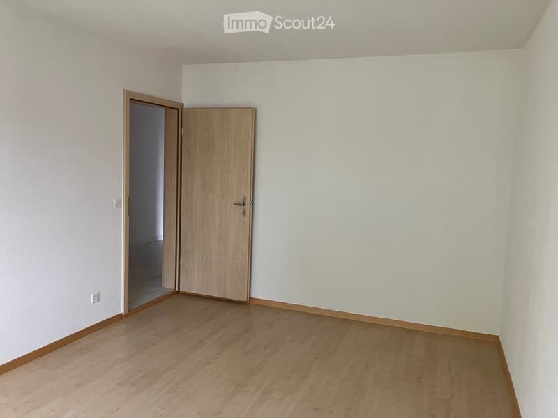 Empty room with light wooden flooring, white walls, and a closed wooden door leading to another space.