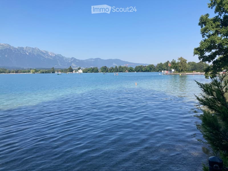A serene lakeside scene with calm water, distant mountains, trees, and a few people enjoying the area.