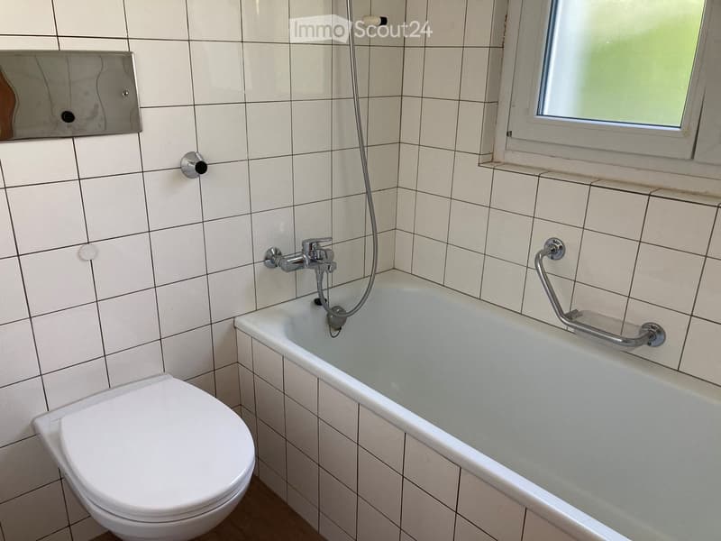 Bathroom with white tiled walls, a toilet, a bathtub with a handheld shower hose, and a handrail for support.