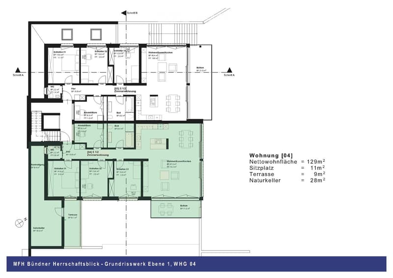 Floor plan of a residential unit showing multiple rooms including living/dining/kitchen area, bedrooms, bathrooms, balconies, and a terrace.
