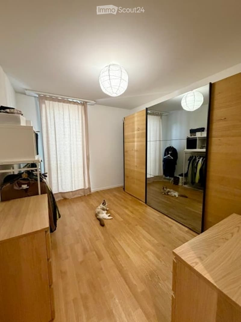 A modern, well-lit room with light wooden flooring, a large mirrored wardrobe, a hanging spherical lamp, and a cat resting on the floor. The room features a curtained window and a small shelf with items.