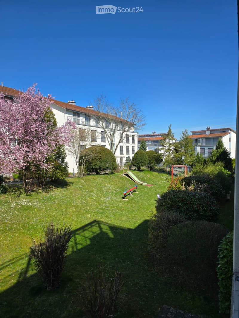 Well-maintained garden with green grass, trees, shrubs, and a small playground featuring a slide and seesaw. The area is surrounded by residential buildings with balconies and windows.