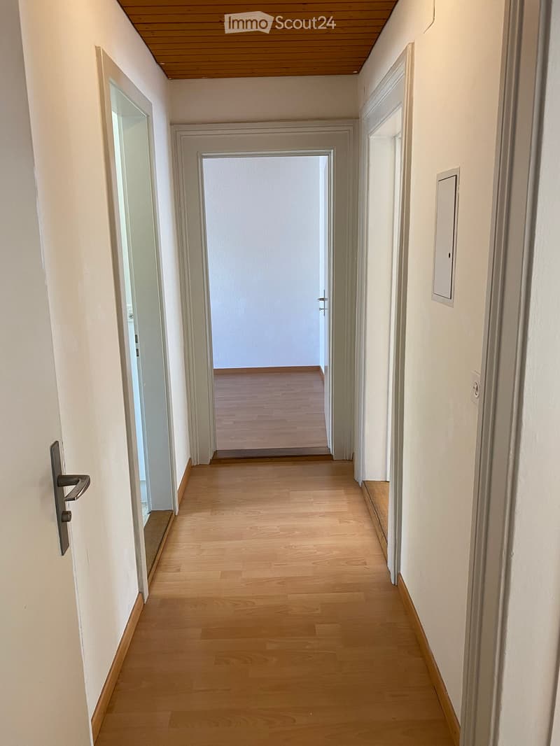 A clean, well-lit hallway with light wooden flooring and white walls, featuring several doors and a visible room at the end.