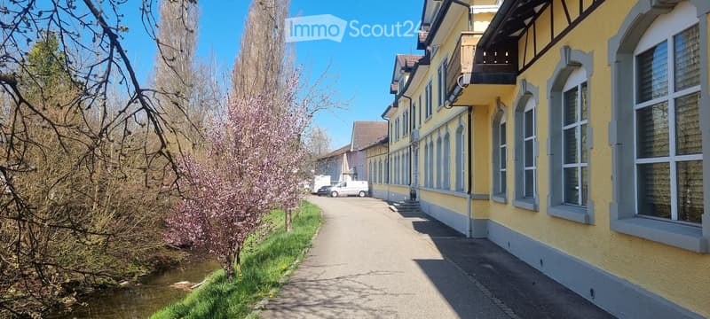 A row of yellow buildings with grey trim and multiple windows, situated along a paved pathway next to a small stream. The buildings have classic architectural details and are surrounded by greenery and a clear blue sky.
