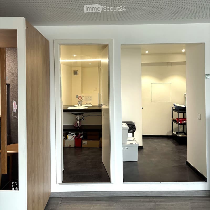 A hallway leads to a small bathroom and a storage area. The bathroom has a sink, faucet, and a stool. The storage area includes a chair, shelf, and various bins and boxes.