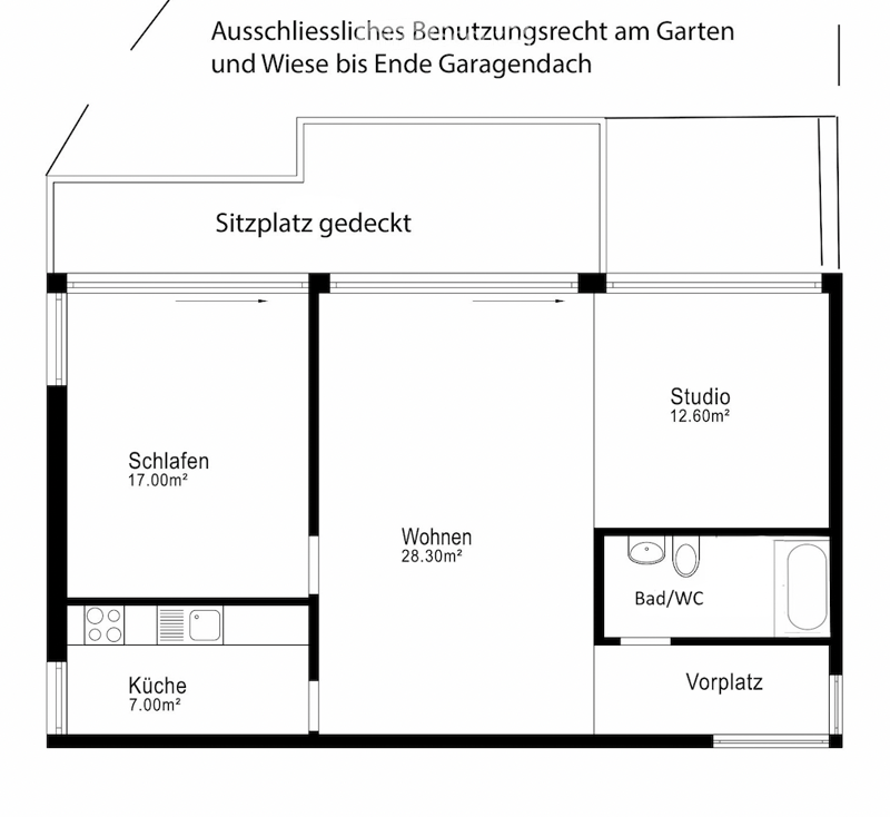 Floor plan of a 1-bedroom apartment with a kitchen, living area, bedroom, bathroom, and covered seating area.