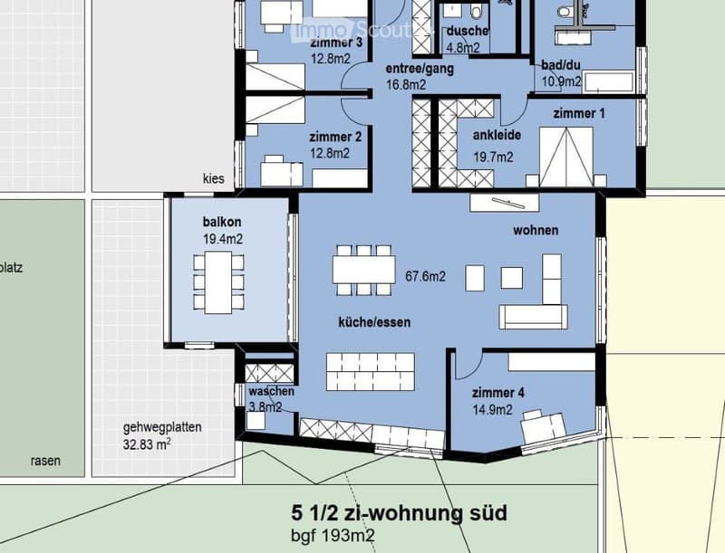 Floor plan of a 5.5-room apartment with living area, kitchen/dining, 4 bedrooms, bathroom, shower, hallway, balcony, and washroom.