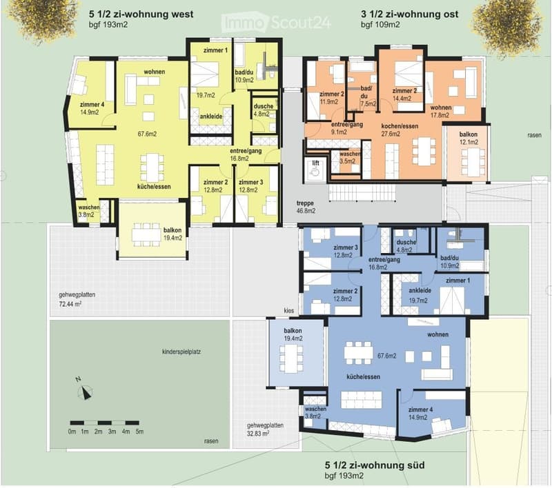 Floor plan showing three apartments: 5 1/2 Zi-Wohnung West, 3 1/2 Zi-Wohnung Ost, and 5 1/2 Zi-Wohnung Süd, each with labeled rooms, sizes, and a balcony.