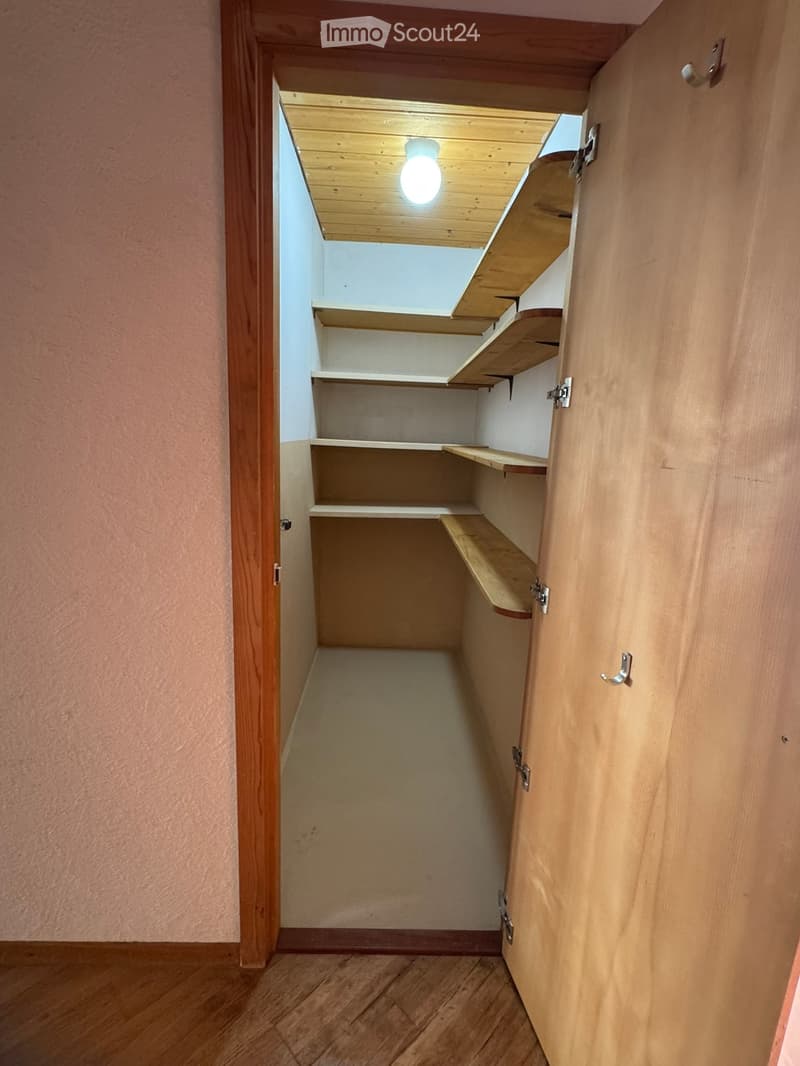 Empty closet with wooden shelves and a small skylight window at the top.