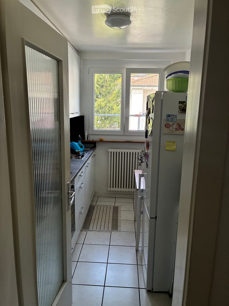 A small, modern kitchen with white cabinets, a refrigerator, a sink, and a window offering a view of greenery outside.