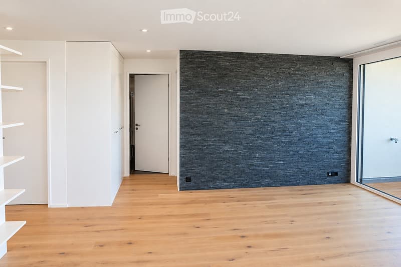 Empty room with wooden flooring, white walls, a dark accent wall, and a large glass door leading outside.