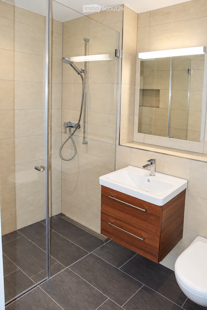 Modern bathroom with beige tiles, dark grey floor tiles, a wooden vanity with a sink, a mirror with built-in lighting, and a glass-enclosed shower with a handheld showerhead.