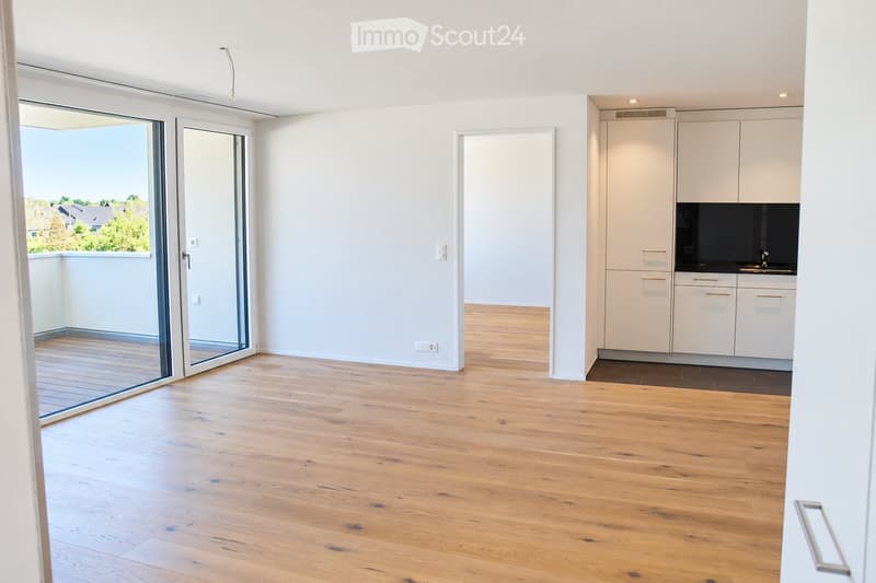 Bright, empty room with light wooden flooring, white walls, and a large sliding glass door leading to a balcony. A small kitchen area is visible with white cabinets and a sink.