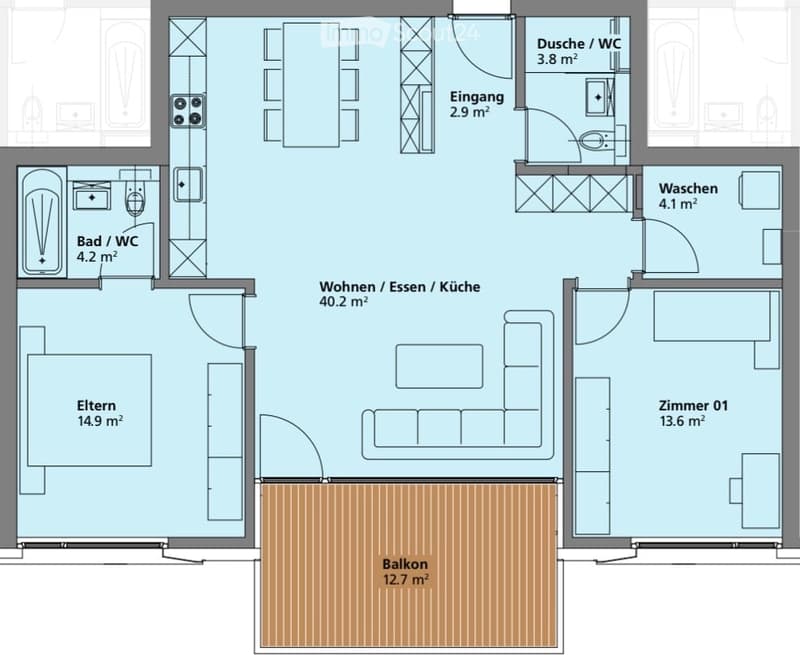 Floor plan showing a living/dining/kitchen area, bedroom, bathroom, entrance, laundry, and balcony.