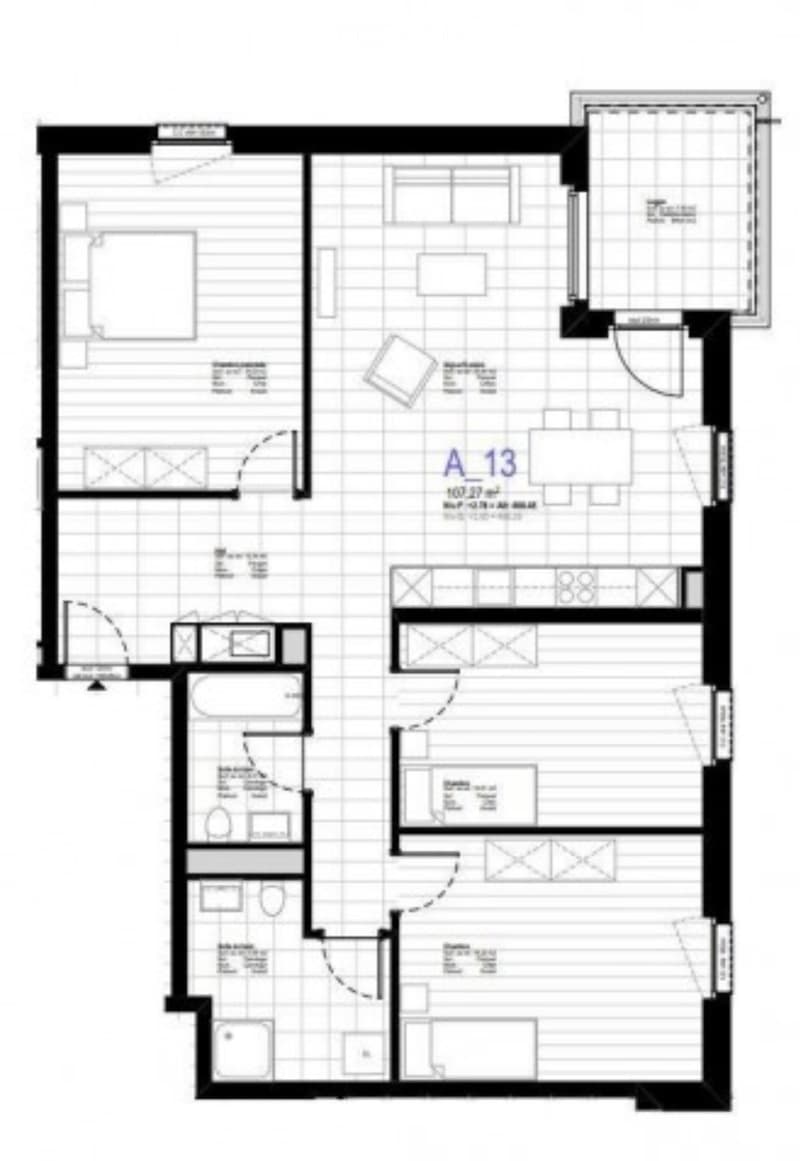 Floor plan of a residential unit labeled A 13, featuring multiple rooms including a living area, bedrooms, bathrooms, and a kitchen.