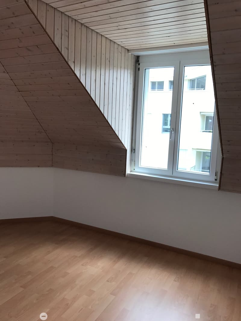 Empty room with wooden flooring and slanted wooden ceiling, featuring a large window with white frame and glass panels.