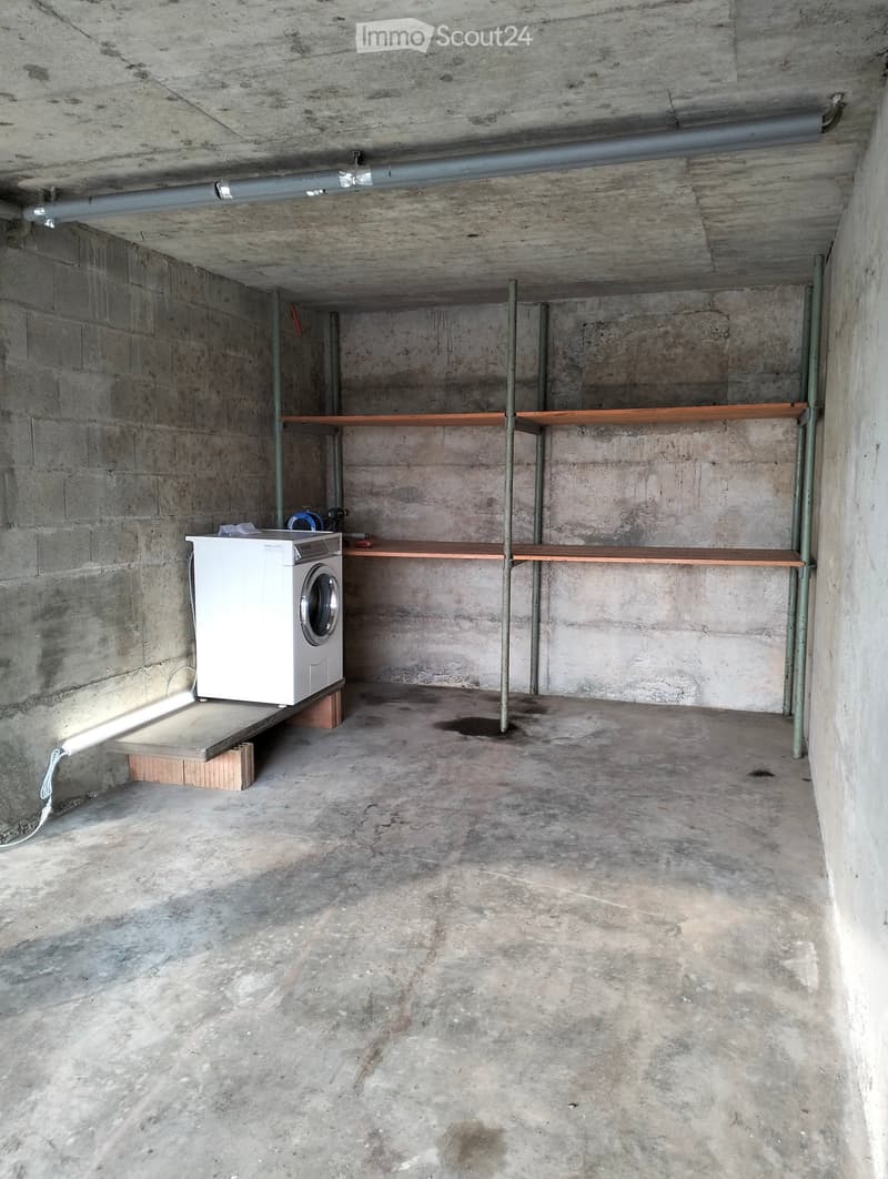 Concrete-walled room with a washing machine on a wooden platform, wooden shelves, and exposed pipes.
