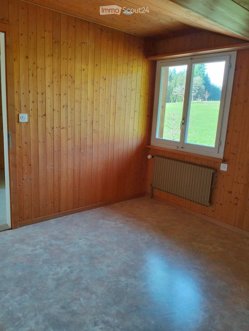 Empty room with wooden walls, concrete floor, and a window showing a green outdoor view. A radiator is visible under the window.