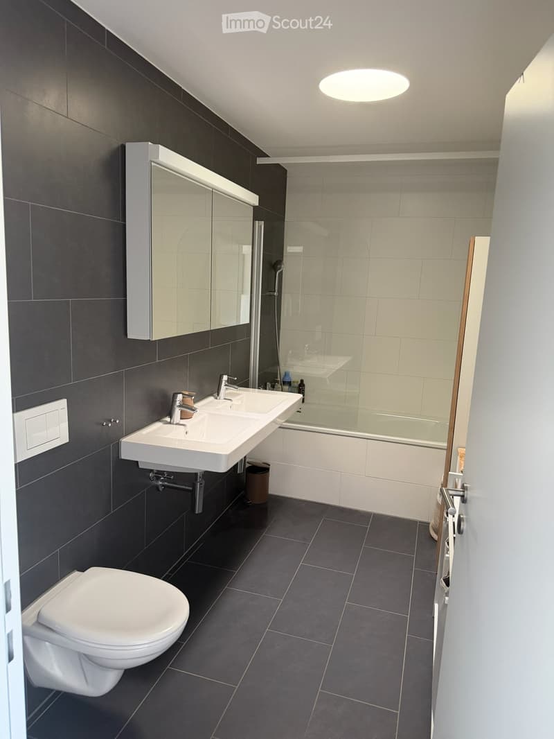 Modern bathroom with dark grey tiles, white fixtures, double sink, toilet, bathtub, and a large mirror with built-in lighting.