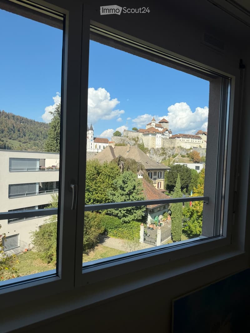 View from a window showing a scenic town with historic buildings, a church tower, and surrounding greenery.