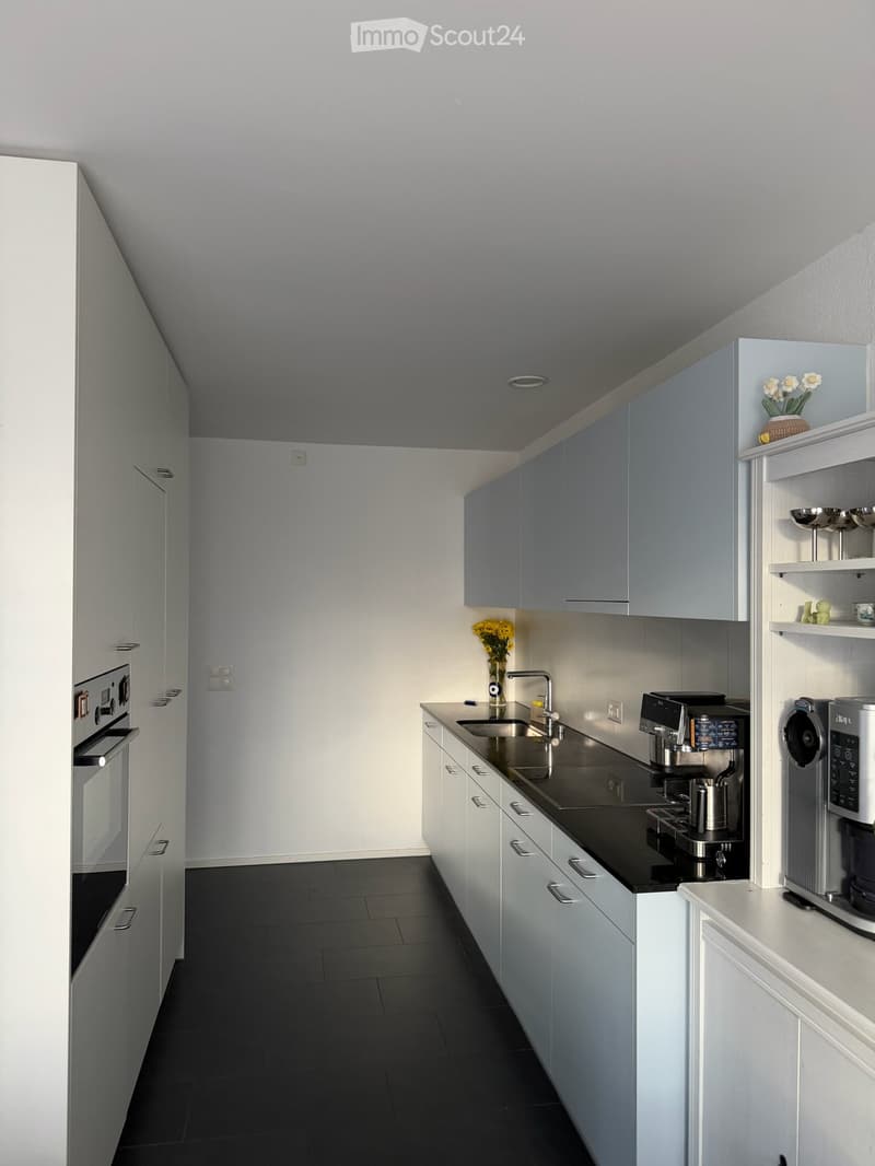 Modern kitchen with white cabinets, black countertops, stainless steel appliances, and a sleek design.