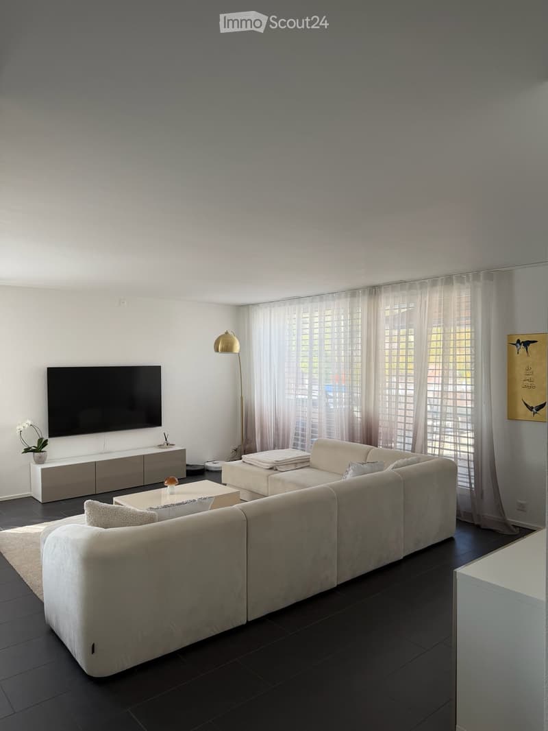 Modern living room with a large sectional sofa, coffee table, flat-screen TV, floor lamp, side table with a flower pot, and large windows with sheer curtains.