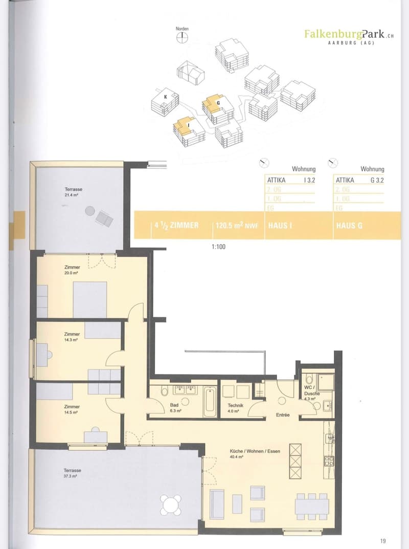 Floor plan of a 4.5-room apartment with 120.5 m² living space, including a kitchen/dining/living area, three bedrooms, a bathroom, a technical room, and two terraces.